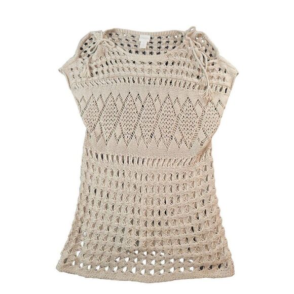 Chico's Open Knit Sweater Women Sz 1 Cold Shoulder Tassel Sleeveless Boho - Picture 1 of 8